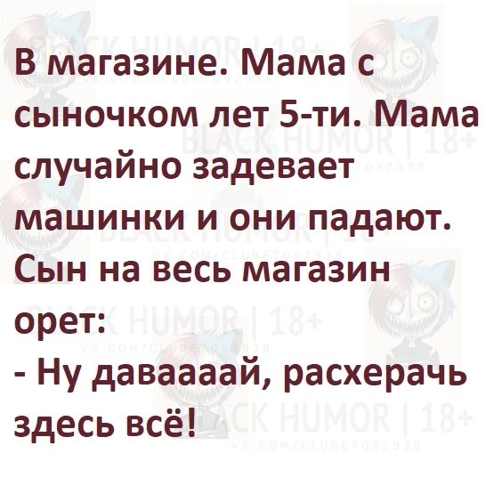 В магазине Мама с сыночком лет 5 ти Мама случайно задевает машинки и они падают Сын на весь магазин орет Ну даваааай расхерачь здесь всё