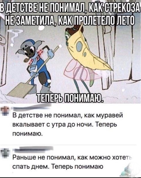 В детстве не понимал как муравей вкалывает утра до ночи Теперь ПОНИМЗЮ Раньше не понимал как можно хотг спать днем Теперь понимаю