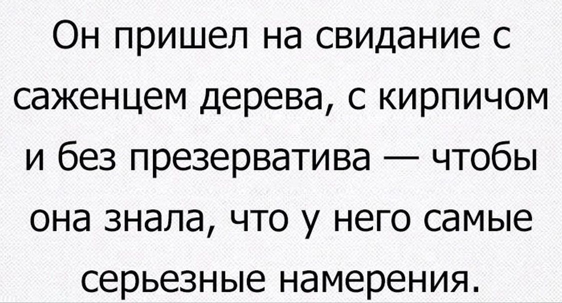 Он пришел на свидание с саженцем дерева с кирпичом и без презерватива чтобы она знала что у него самые серьезные намерения