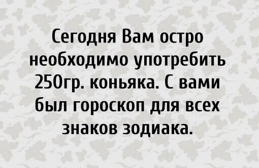 Сегодня Вам остро необходимо употребить 250гр коньяка С вами был гороскоп для всех знаков зодиака