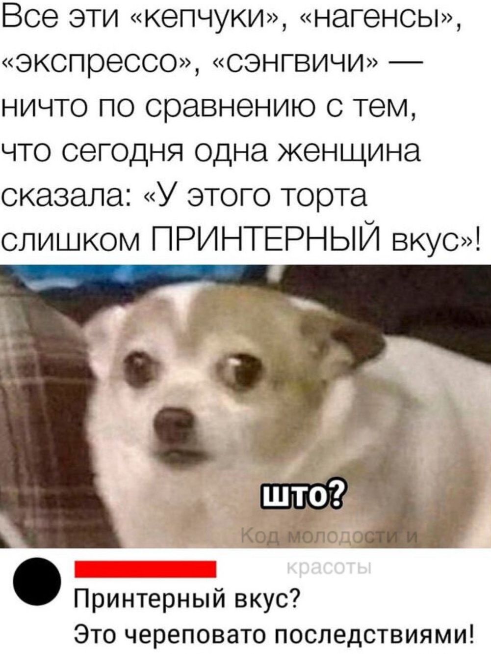 Все ЭТИ КеПЧУКИ нагенсы экспрессо СЭНГВИЧИ НИЧТО ПО сравнению С тем ЧТО СЕГОДНЯ одна женщина сказала У ЭТОГО ТОРТа слишком ПРИНТЕРНЫЙ ВКУС Кодппг Принтерный вкус Это череповато последствиями