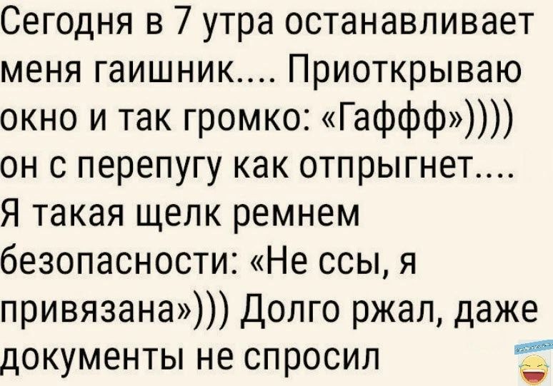 Сегодня в 7 утра останавливает меня гаишник Приоткрываю окно и так громко Гаффф он с перепугу как отпрыгнет Я такая щепк ремнем безопасности Не ссы я привязана Долго ржал даже документы не спросил