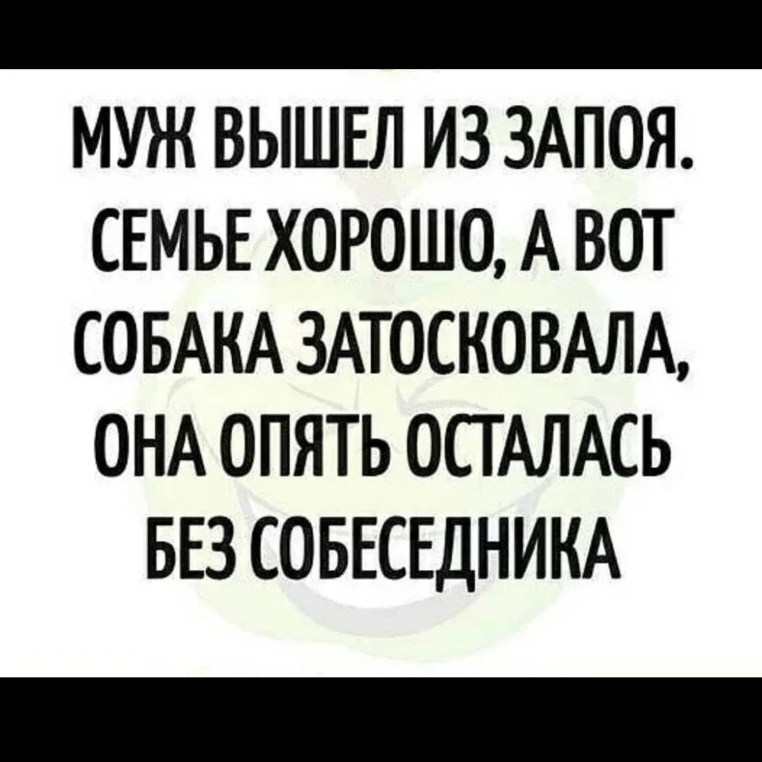 _ МУЖ ВЫШЕЛ ИЗ ЗАПОЯ СЕМЬЕ ХОРОШО А ВОТ СОБАКА 3АТОСКОВАЛА ОНА ОПЯТЬ ОПАЛАСЬ БЕЗ СОБЕСЕДНИКА