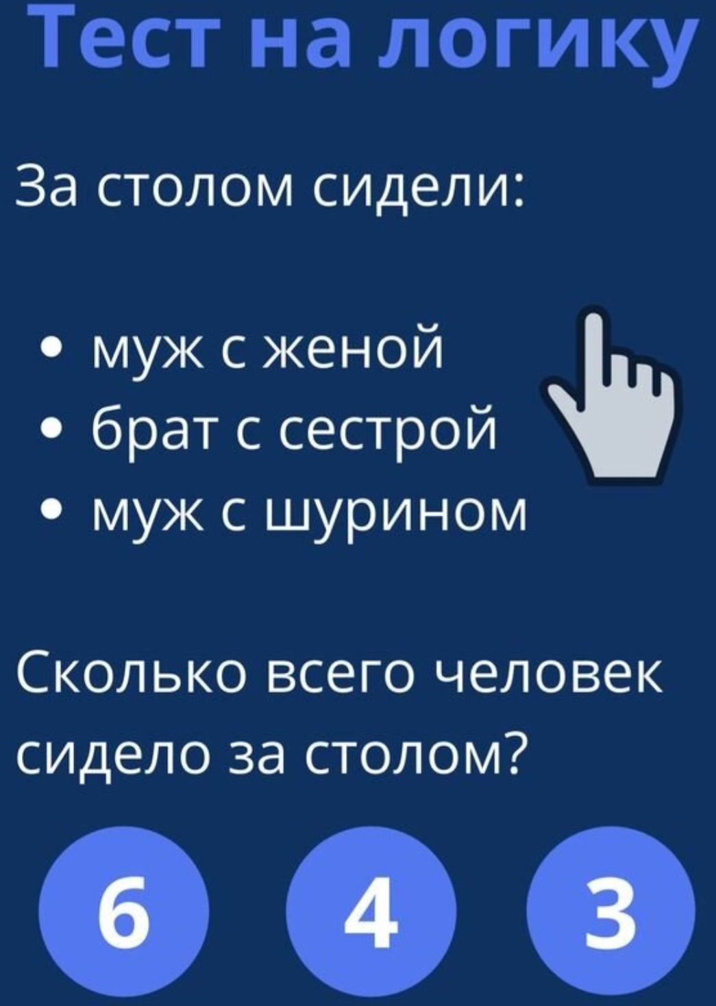 Тест на логику За столом сидели муж с женой брат с сестрой муж с шурином Сколько всего человек сидело за столом