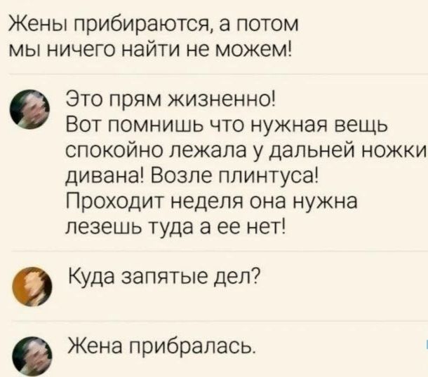 Жены прибираются а потом МЫ ничего найти не МОЖЕМ Это прям жизненно Вот помнишь что нужная вещь спокойно лежала у дальней ножки дивана Возле плинтуса Проходит неделя она нужна лезешь туда а ее нет Куда запятые дел 0 Жена прибралась