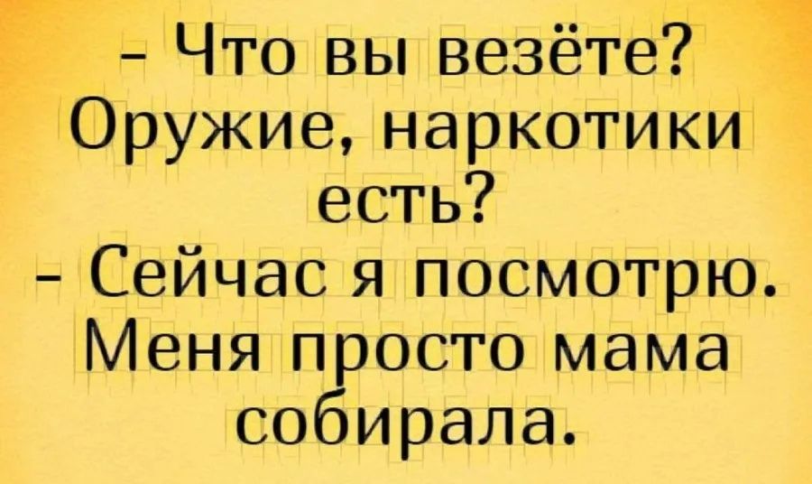 Что вы везёте Оружие наркотикш есть Сейчас я посмотрю Меня просто мама собирала