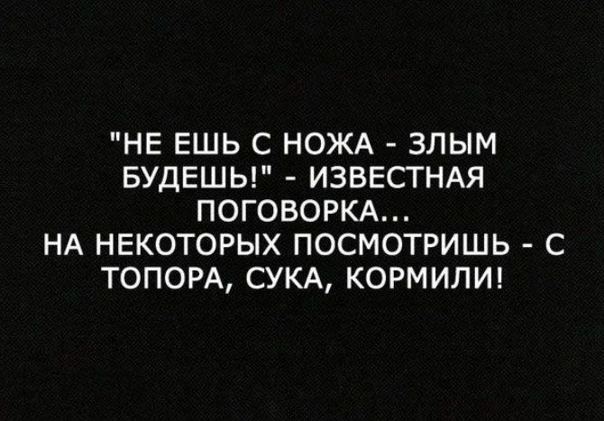 НЕ ЕШЬ С НОЖА ЗЛЫМ БУДЕШЬ ИЗВЕСГНАЯ ПОГОВОРКА НА НЕКОТОРЫХ ПОСМОТРИШЬ С ТОПОРА СУКА КОРМИЛИ