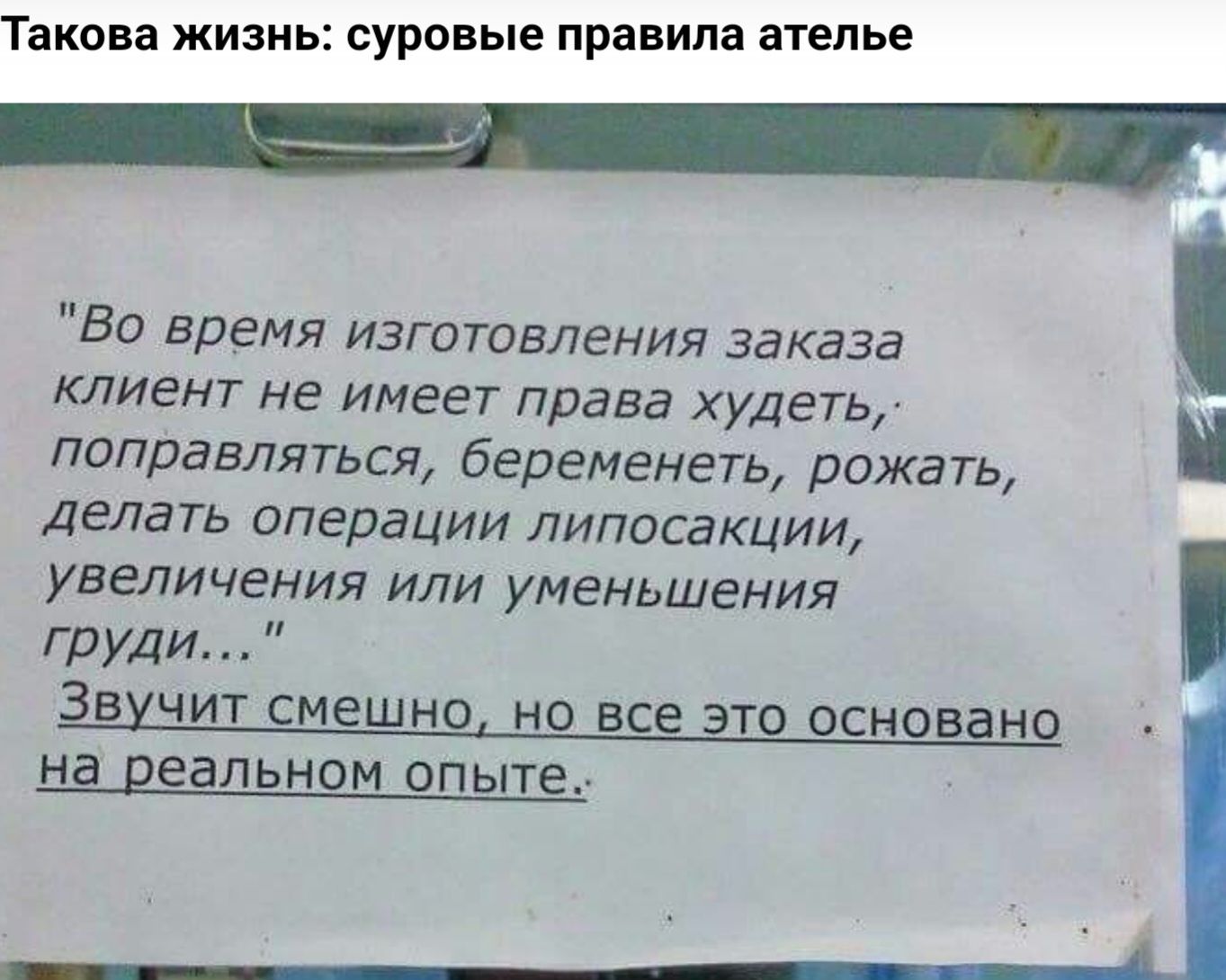 Такова жизнь суровые правила ателье Во время изготовления заказа клиент не имеет права худеть поправляться беременеть рожать делать операции липосакции увеличения или уменьшения Груди Звучит смешно но ве ЭТ9 основано на реадьнем опыте