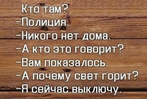 _Кто Тау тПолиция Никбго йет дома А кто это говорит Вам показалось А почему свет горит Я сейчас выключу