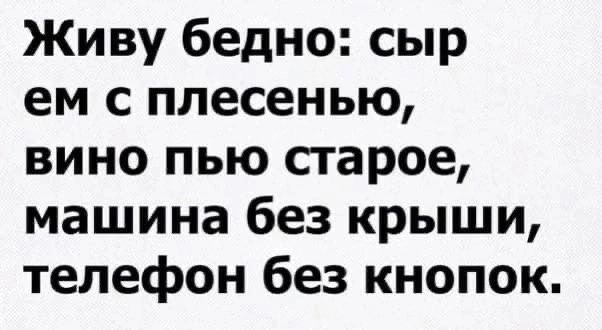 Живу бедно сыр ем с плесенью вино пью старое машина без крыши телефон без кнопок