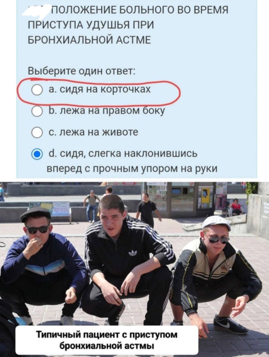 ПОЛОЖЕНИЕ БОЛЬНОГО ВО ВРЕМЯ ПРИСТУПА УДУШЬЯ ПРИ БРОНХИАЛЬНОЙ АСТМЕ Выберите один ответ а сидя на корточках ь лежа на правом боку с лежа на животе а сидя слегка иакпонившись вперед прочным упором на руки Типичный гии приступом ипльивй истцы