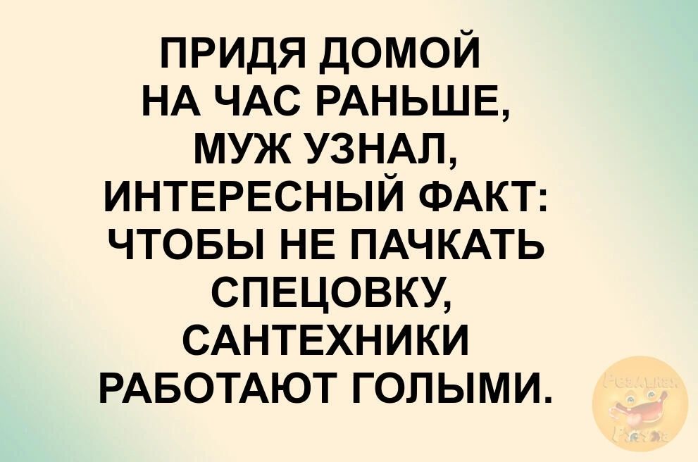 ПРИДЯ ДОМОЙ НА ЧАС РАНЬШЕ МУЖ УЗНАЛ ИНТЕРЕСНЫЙ ФАКТ ЧТОБЫ НЕ ПАЧКАТЬ СПЕЦОВКУ САНТЕХНИКИ РАБОТАЮТ ГОЛЫМИ