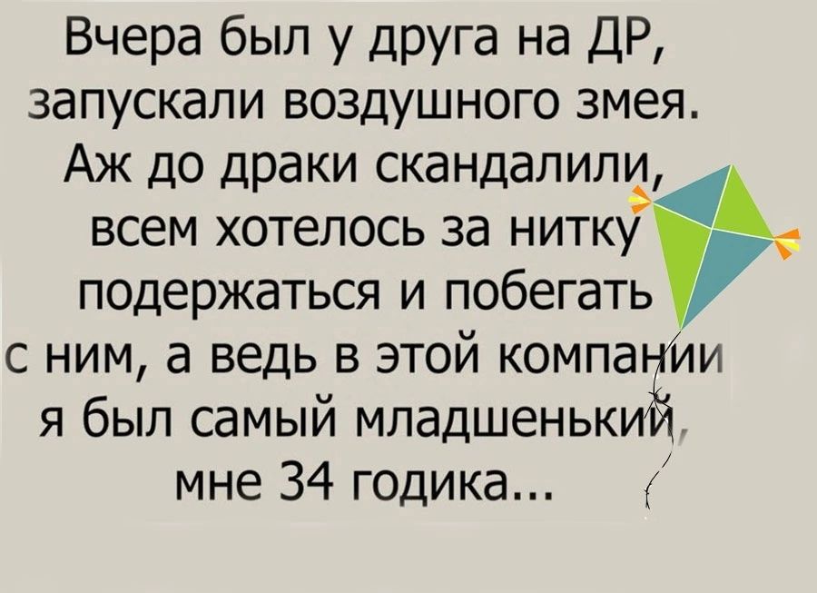 Вчера был у друга на ДР запускали воздушного змея Аж до драки скандалиплч всем хотелось за нитку подержаться и побегать с ним а ведь в этой компаніли я был самый младшенький мне 34 годика