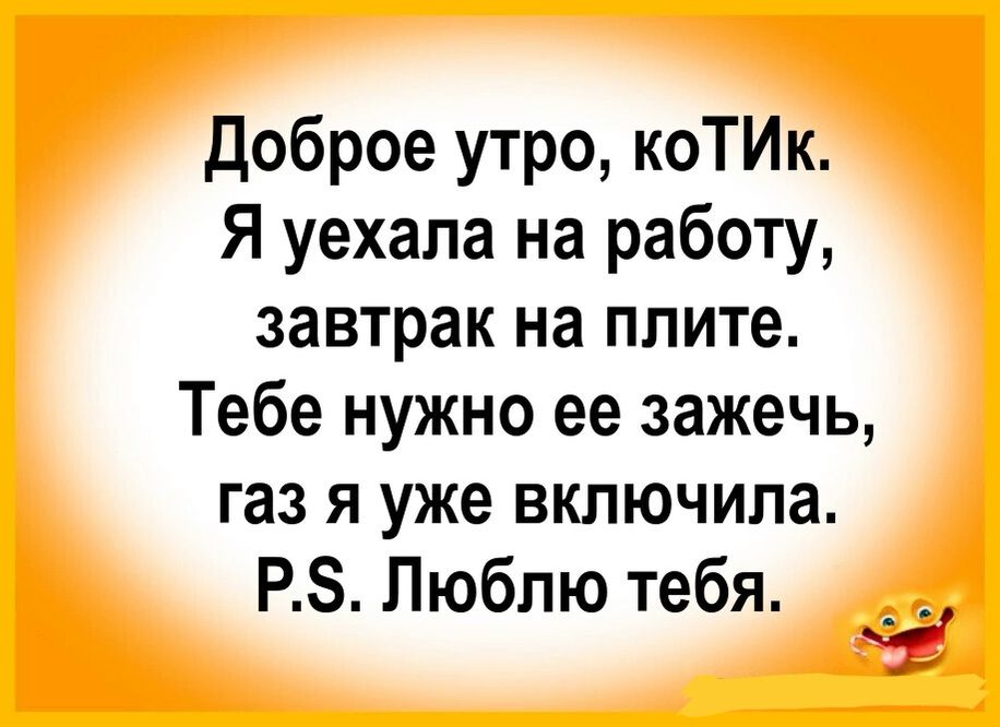 доброе утро коТИк Я уехала на работу завтрак на плите Тебе нужно ее зажечь газ я уже включила РЗ Люблю тебя