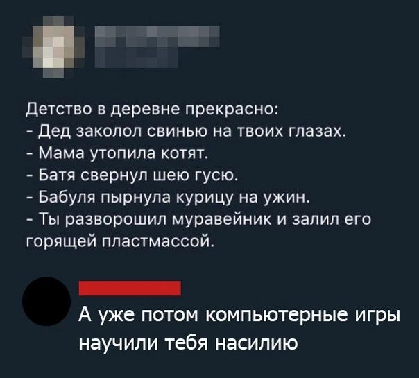 Е Детство в деревне прекрасно дед заколол свинью на твоих глазах Мама утопила котят Батя свернул шею гусю Бабуля нырнула курицу на ужин Ты разворошип муравейник и залил его горящей пластмассой _ А уже потом компьютерные игры научили тебя насилию