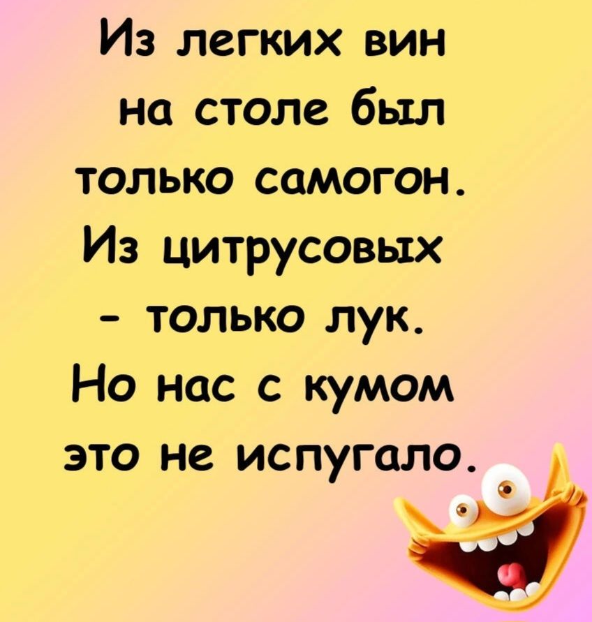 Из легких вин на столе был только самогон Из цитрусовых только лук На нас с кумом ЭТО не ИСПУГЦЛО