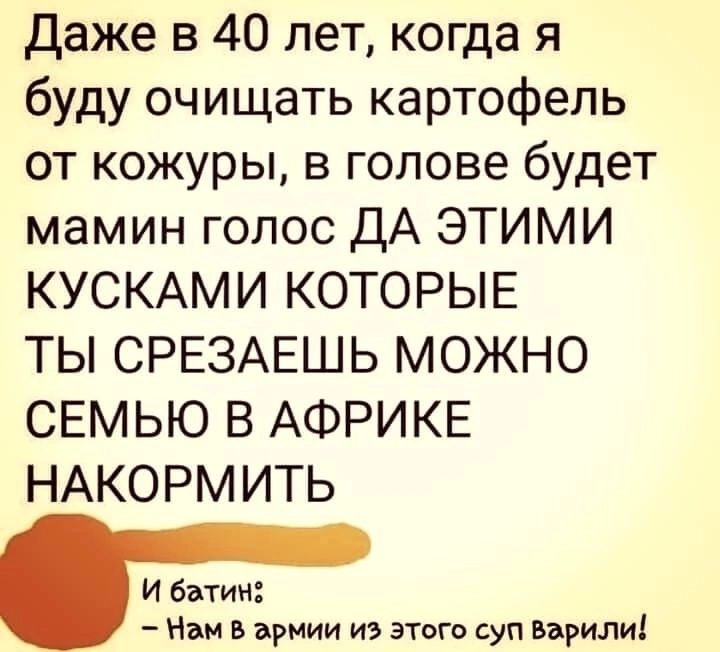 Даже в 40 лет когда я буду очищать картофель от кожуры в голове будет мамин голос ДА ЭТИМИ КУСКАМИ КОТОРЫЕ ТЫ СРЕЗАЕШЬ МОЖНО СЕМЬЮ В АФРИКЕ НАКОРМ ИТЬ И батин Нам в армии из этого суп варили