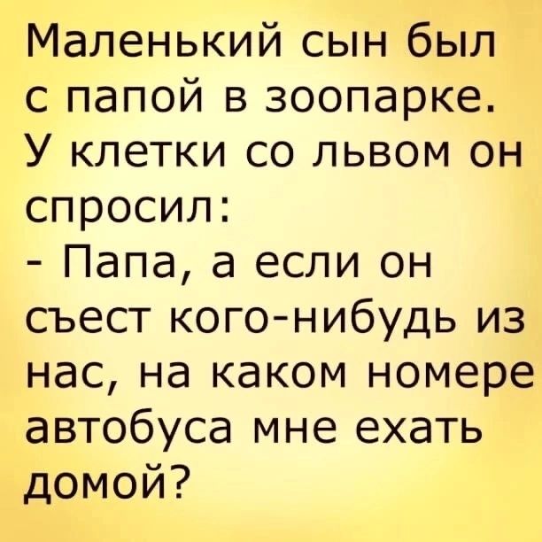 Маленький сын был с папой в зоопарке У клетки со львом он спросил Папа а если он съест кого нибудь из нас на каком номере автобуса мне ехать домой