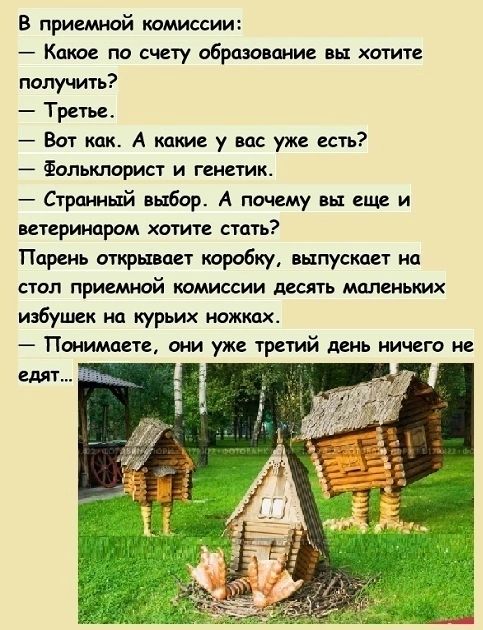 В приемной комиссии Какое по счету образование вы хотите получить Третье Вот как А кеш у вас уже есть Фольклорист и генетик Страшний выбор А почему вы еще и птерииаром хотите стать Парень открыл пет коробку выпустит на стол приемной комиссии десять мленымх избушек на курьих ножках Понимаете они уже третий день ничего не