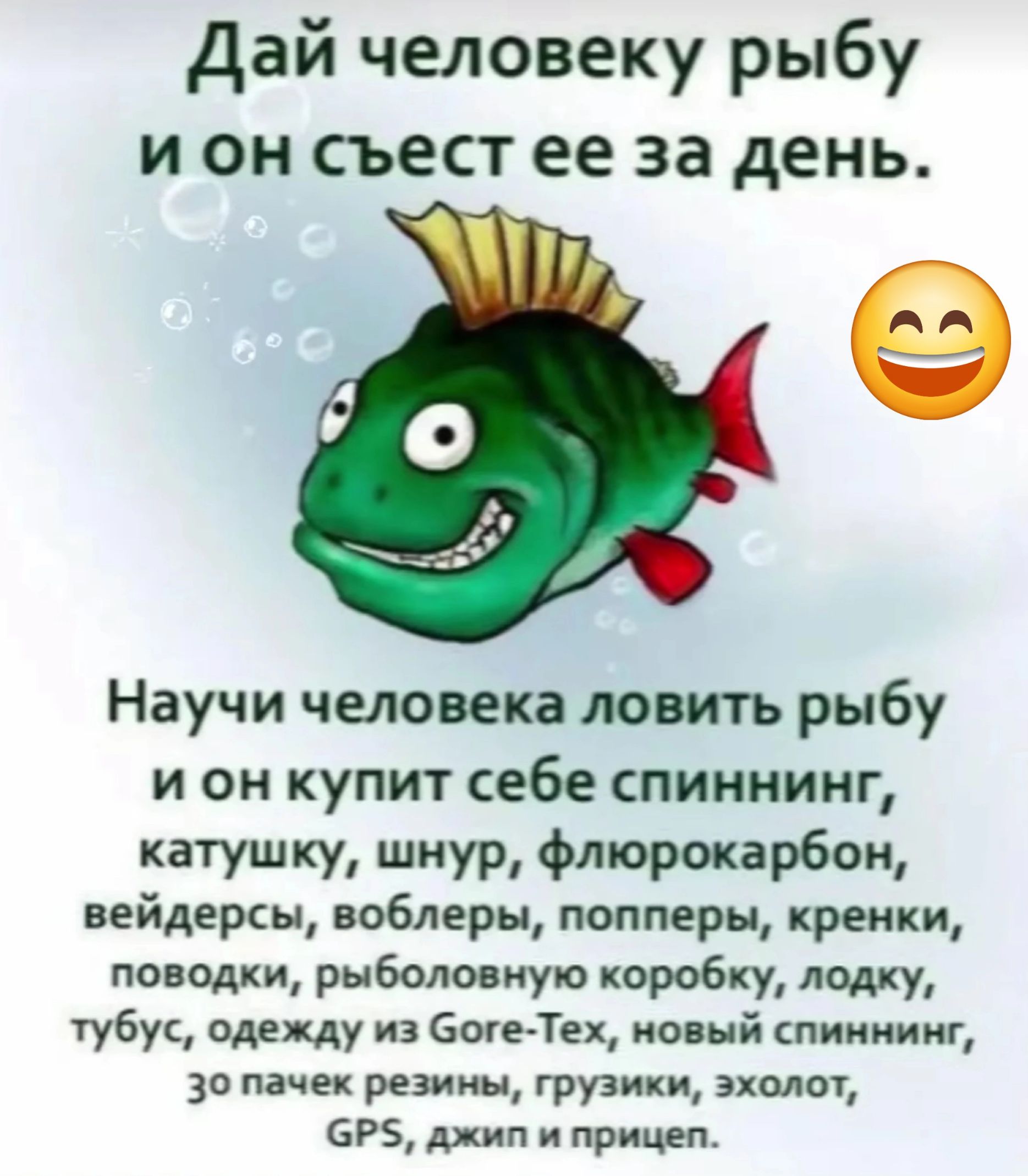 Дай человеку рыбу и он съест ее за день Научи человека ловить рыбу и он купит себе спиннинг катушку шнур флюрокарбон вейдерсы воблеры попперы крепки поводки рыболовную коробку лодку тубус одрцу из боюТех новый пиииииг 30 пачек резины грузики эхолот егэ шп и прищп