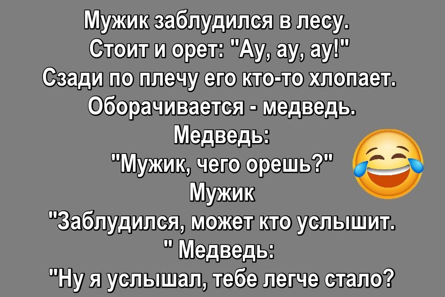 Мужик заблудился лесу Стоит и орет Ау ау ау Сзади по плечу его кто то хлопает оборачивается медведь Медведь Мужик чего орешь Мужик Заблудипся может кто услышит Медведь Ну я услышал тебе легче стало