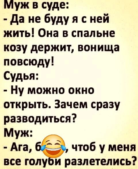 Муж в суде да не буду я с ней жить Она в спальне козу держит вонища повсюду Судья Ну можно окно открыть Зачем сразу разводиться Муж Ага 6 чтоб у меня все году и разлетелись