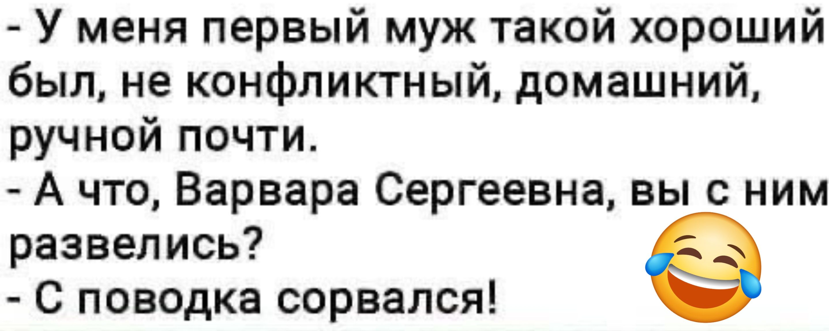 У меня первый муж такой хороший был не конфликтный домашний ручной почти А что Варвара Сергеевна вы с ним развелись С поводка сорвался