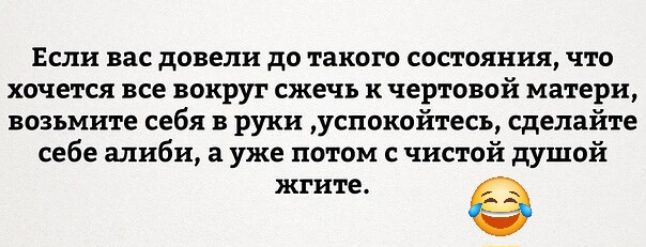 Если вас довели до такого состояния что хочется все вокруг сжечь к чертовой матери возьмите себя в руки успокойтесь сделайте себе алиби а уже потом с чистой душой