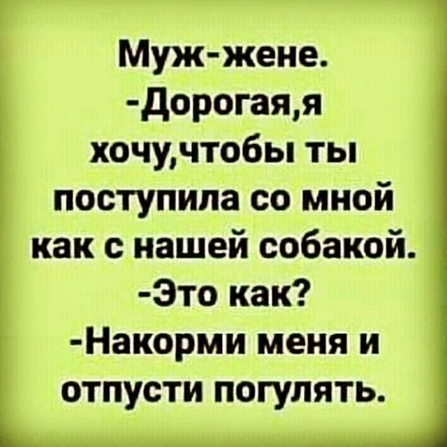 Муж жене Дорогаяя хочучтобы ты поступила со мной как с нашей собакой Это как Накорми меня и отпусти погулять