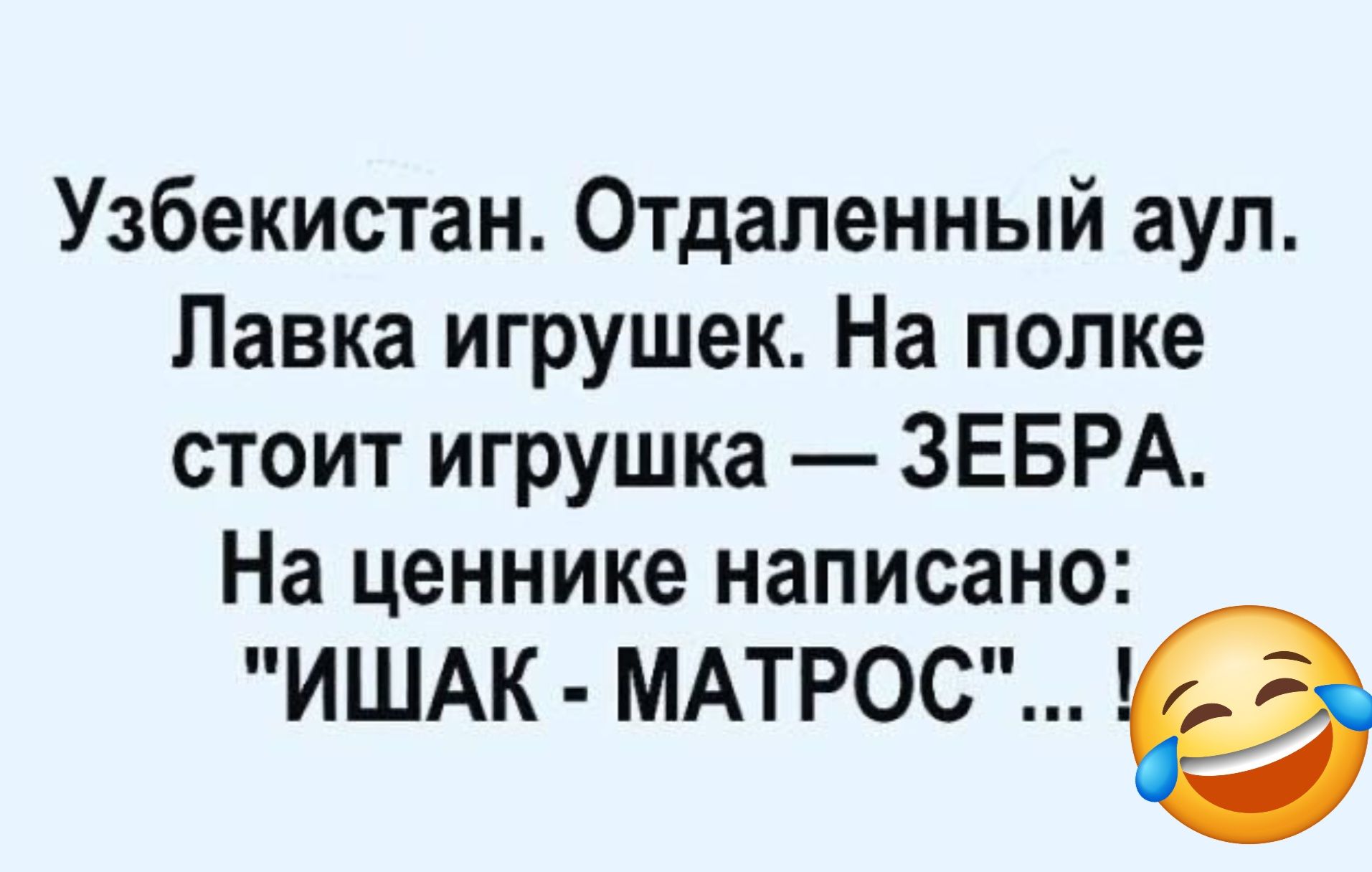 Узбекистан Отдаленный аул Лавка игрушек На полке стоит игрушка ЗЕБРА На ценнике написано ИШАК МАТРОС