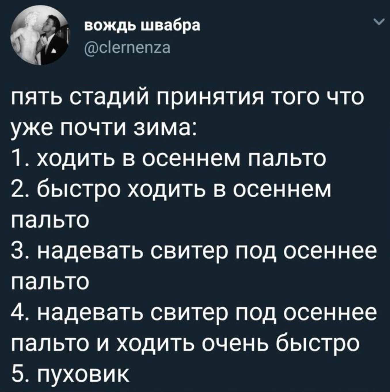 вождь швабра м сегпепга пять стадий принятия того что уже почти зима 1 ходить в осеннем пальто 2 быстро ходить в осеннем пальто З надевать свитер под осеннее пальто 4 надевать свитер под осеннее пальто и ходить очень быстро 5 пуховик