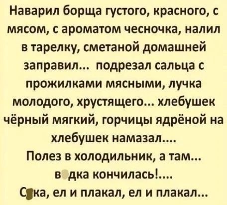 Наварил борща густого красного с мясом с ароматом чесночка налил в тарелку сметаной домашней заправил подрезал сальца с прожилками мясными лучка молодого хрустящего хлебушек чёрный мягкий горчицы ядрёной на хлебушек намазал Полез в холодильник а там вдка кончилась Сщка ел и плакал ел и плакал