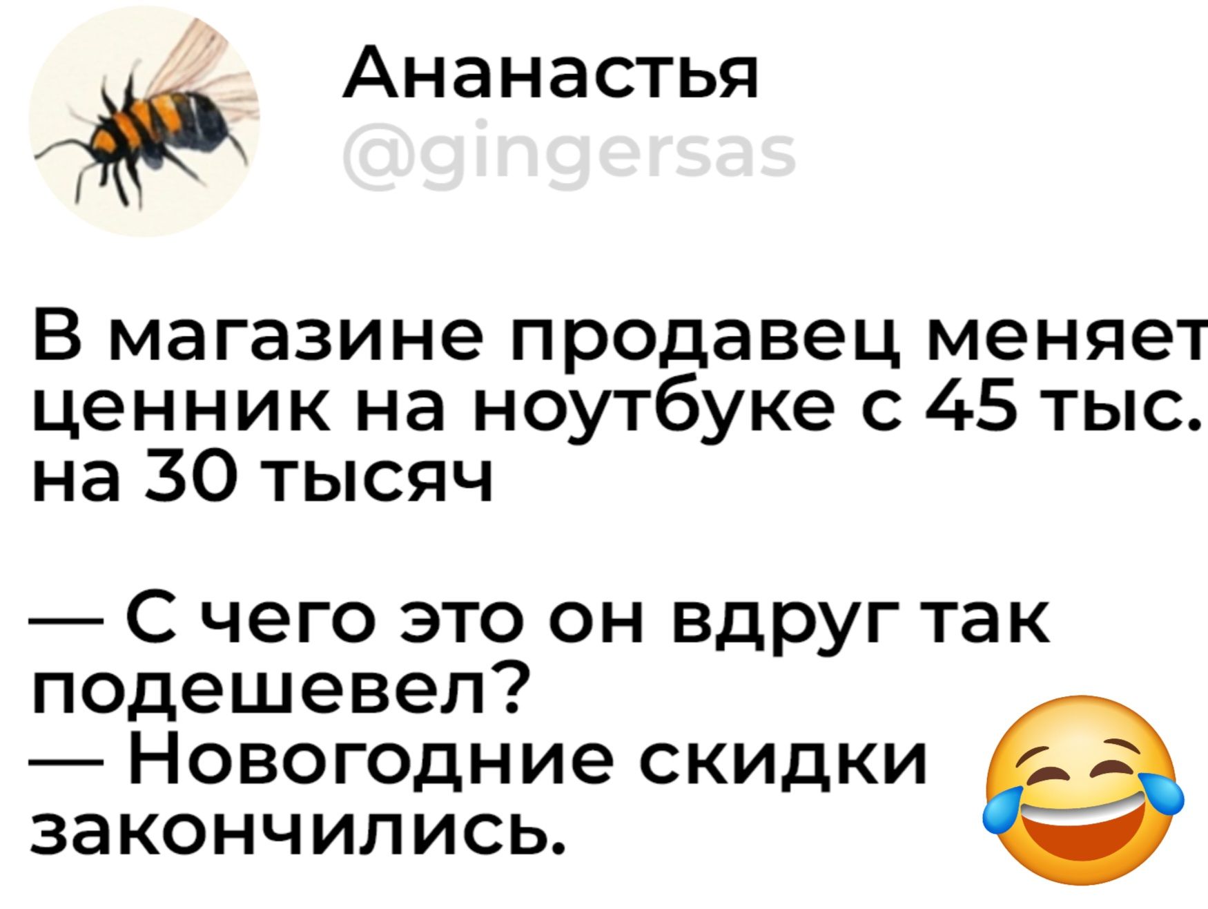 Ананастья А В магазине продавец меняет ценник на ноутбуке с 45 тыс на 30 тысяч С чего это он вдруг так подешевел Новогодние скидки закончились