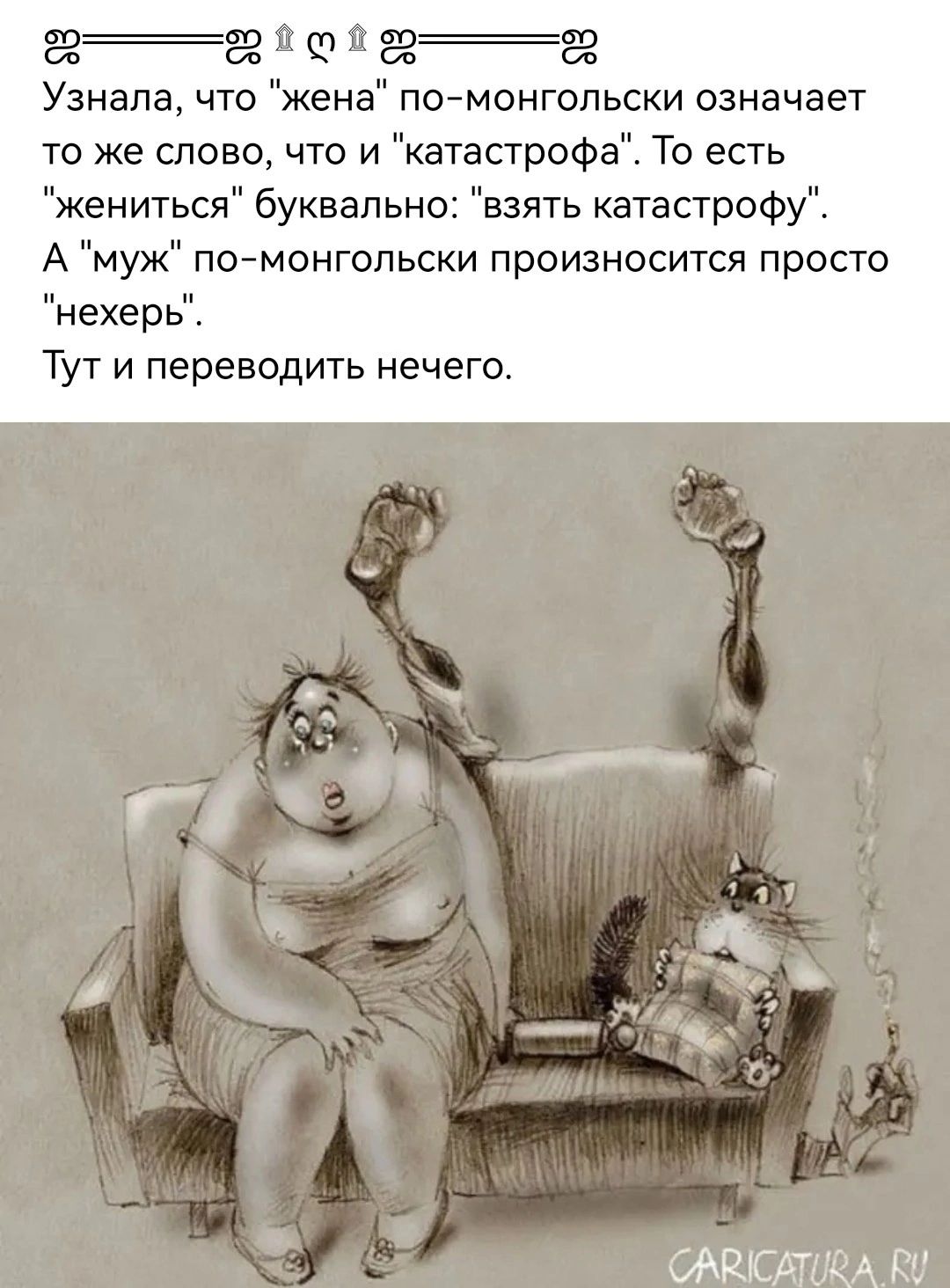 23 223 й 99 23 Узнала что жена по монгольски означает то же слово что и катастрофа То есть жениться буквально взять катастрофу А муж по монгольски произносится просто нехерь Тут и переводить нечего САВКАИФА ВУ