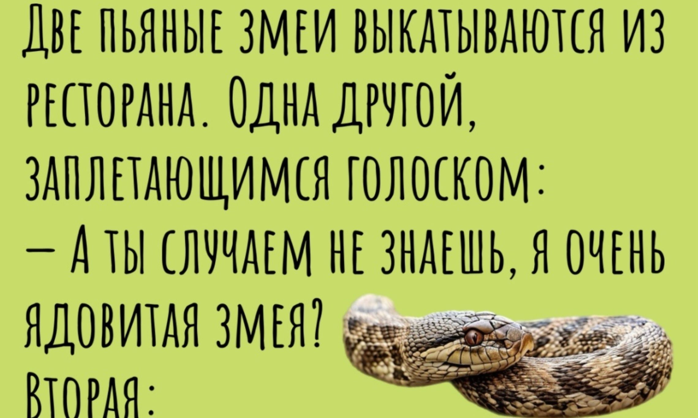 ДВЕЛЬЯНЫЕ ЗМЕИ ВЫКАТЫВАЮТСЯ ИЗ РЕСОРАНА ОДНА ДРУГОЙ ЗАПЛЛЕТАЮЩИМКЯ ГОЛОСКОМ АТЫ СЛУЧДЕМ НЕ ЗНДЕШЬ Я ОЧЕНЬ ЛДОВИТАЯ ЗМЕЙ ВТОрДЯ