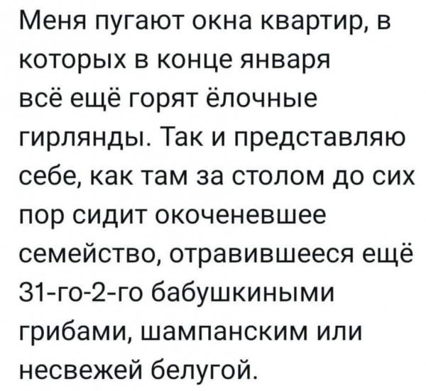 Меня пугают окна квартир в которых в конце января всё ещё горят ёлочные гирлянды Так и представляю себе как там за столом до сих пор сидит окоченевшее семейство отравившееся ещё 31 го 2 го бабушкиными грибами шампанским или несвежей белугой