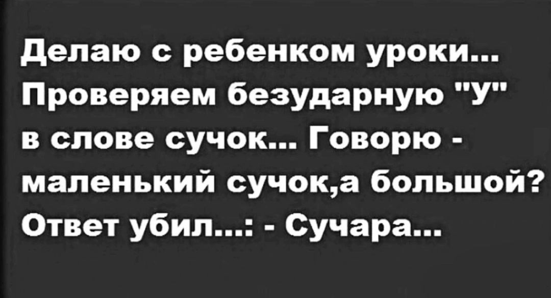 Делаю с ребенком уроки Проверяем безударную У в слове сучок Говорю маленький сучока большой Ответ убил Сучара