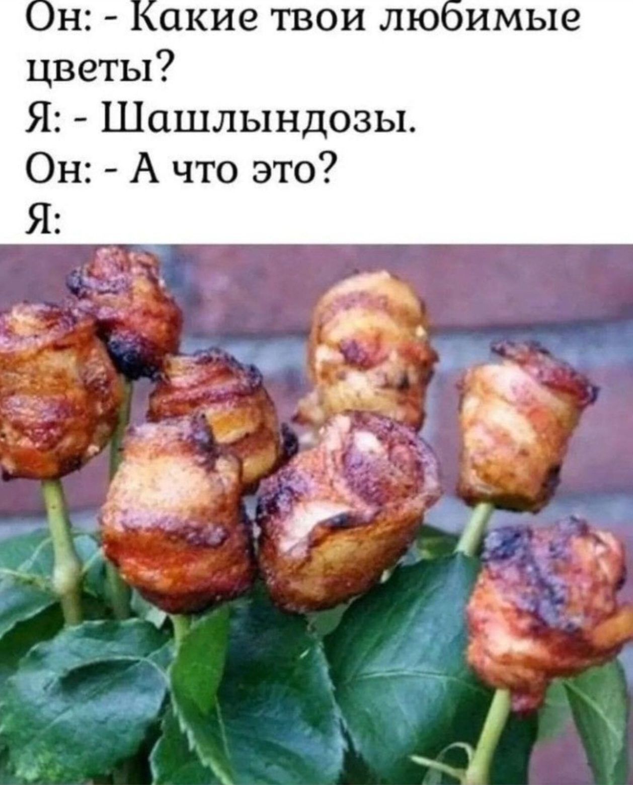 Он: - Какие твои любимые цветы?
Я: - Шашлындозы.
Он: - А что это?
Я: