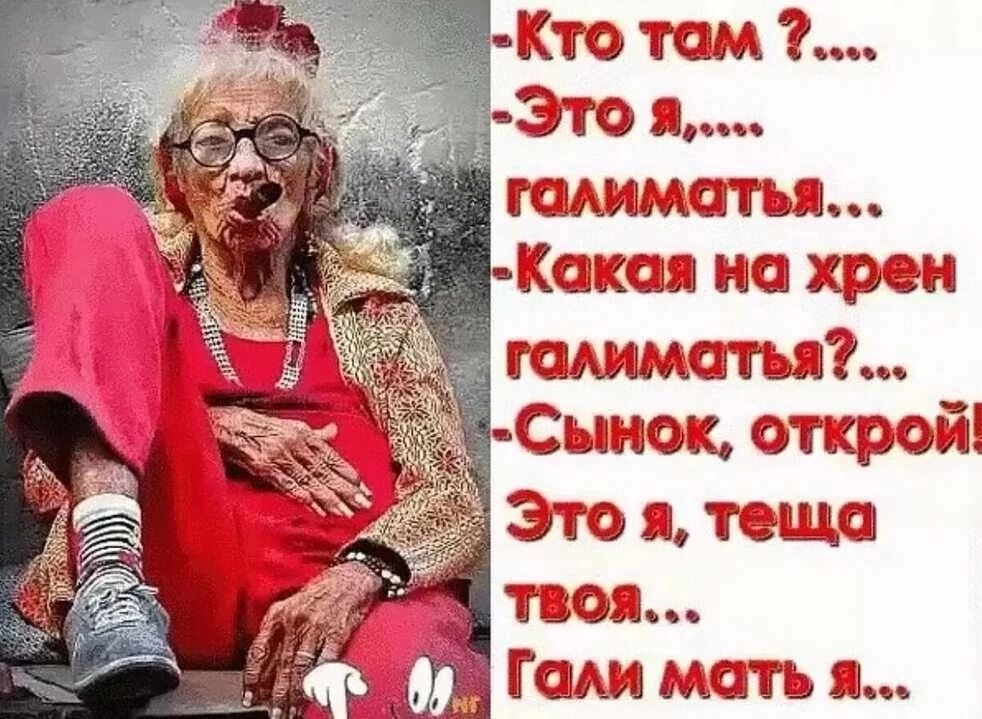 Кто там ?....
- Это я,,,,
галиматья...
- Какая на хрен
галиматья?... 
- Сынок, открой! 
Это я, теща
твоя...
Гали мать я...