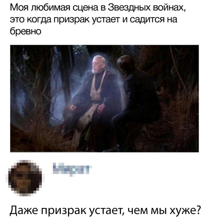 Моя любимая сцена в Звездных войнах, это когда призрак устаёт и садится на бревно
Даже призрак устаёт, чем мы хуже?