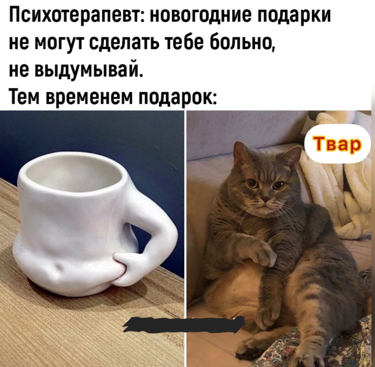 Психотерапевт: новогодние подарки не могут сделать тебе больно, не выдумывай. Тем временем подарок: Тварь