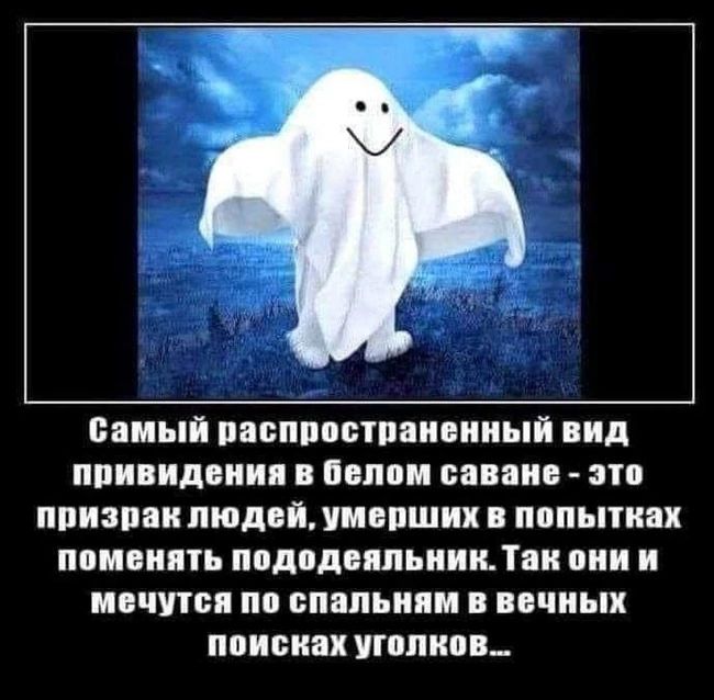 Самый распространённый вид привидения в белом саване - это призрак людей, умерших в попытках поменять пододеяльник. Так они и мечутся по спальням в вечных поисках уголков...