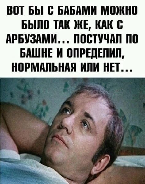 ВОТ БЫ С БАБАМИ МОЖНО БЫЛО ТАК ЖЕ, КАК С АРБУЗАМИ... ПОСТУЧАЛ ПО БАШНЕ И ОПРЕДЕЛИЛ, НОРМАЛЬНАЯ ИЛИ НЕТ...