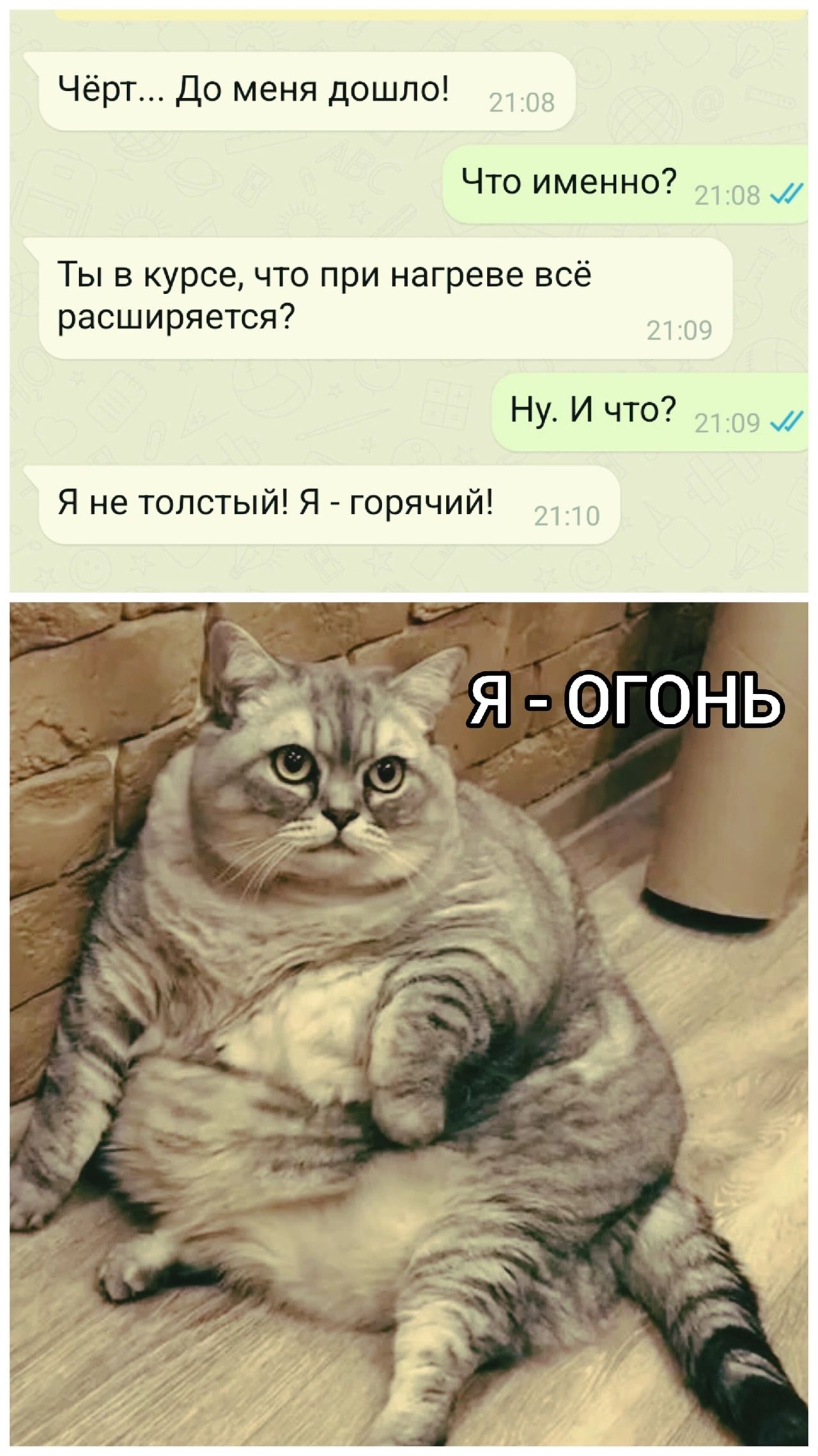 Чёрт... До меня дошло!
Ты в курсе, что при нагреве всё expands?
Я не толстый! Я - горячий!
Я - ОГОНЬ