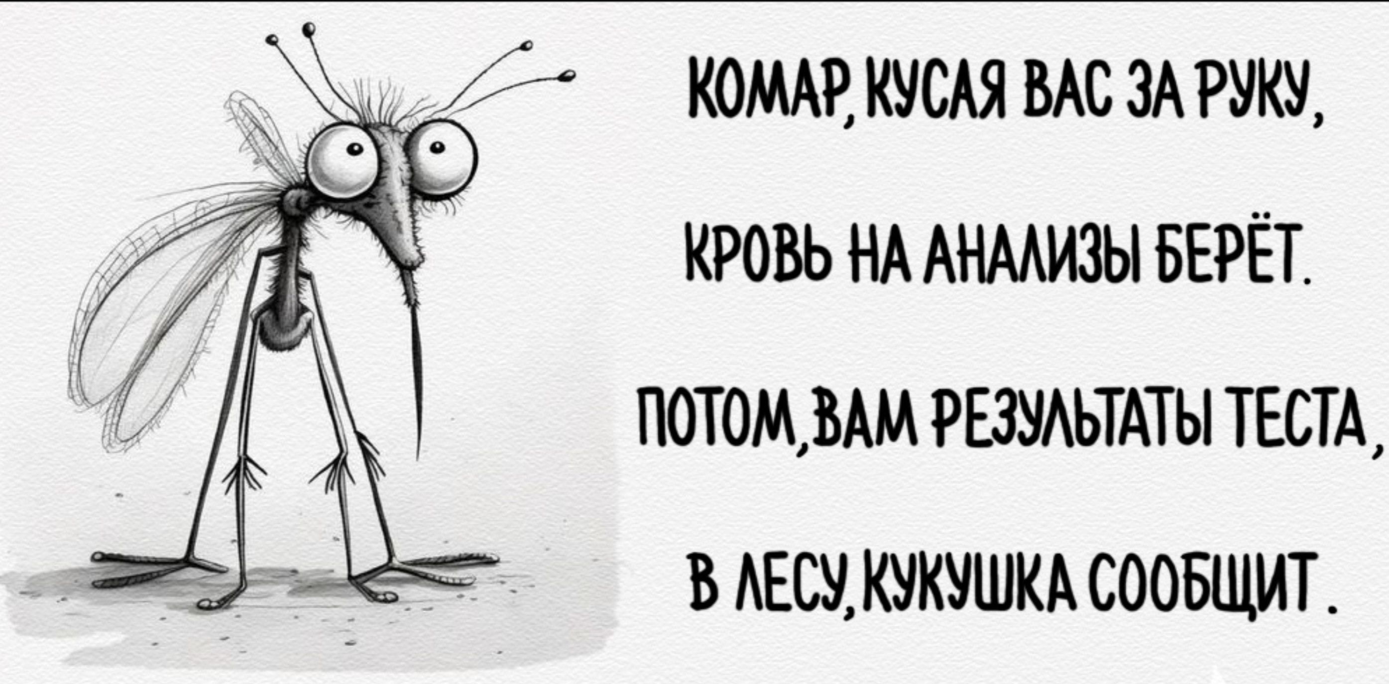 КОМАР, КУСЯ ВАС ЗА РУКУ, КРОВЬ НА АНАЛИЗЫ БЕРЁТ. ПОТОМ, ВАМ РЕЗУЛЬТАТЫ ТЕСТА, В ЛЕСУ, КУКУШКА СОООБЩИТ.