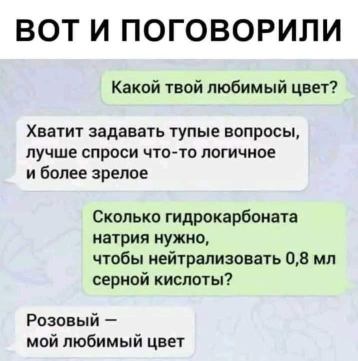 ВОН И ПОГОВОРИЛИ

Какой твой любимый цвет?
Хватит задавать тупые вопросы, лучше спроси что-то логичное и более зрелое
Сколько гидрокарбоната натрия нужно, чтобы нейтрализовать 0,8 мл серной кислоты?
Розовый — мой любимый цвет