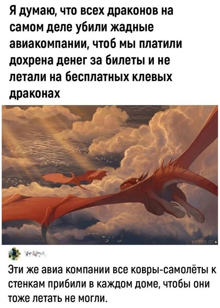 Я думаю, что всех драконов на самом деле убили жадные авиакомпании, чтобы мы платили до хрена денег за билеты и не летали на бесплатных клевых драконах.

Эти же авиа компании все ковры-самолёты к стенкам прибили в каждом доме, чтобы они тоже летать не могли.