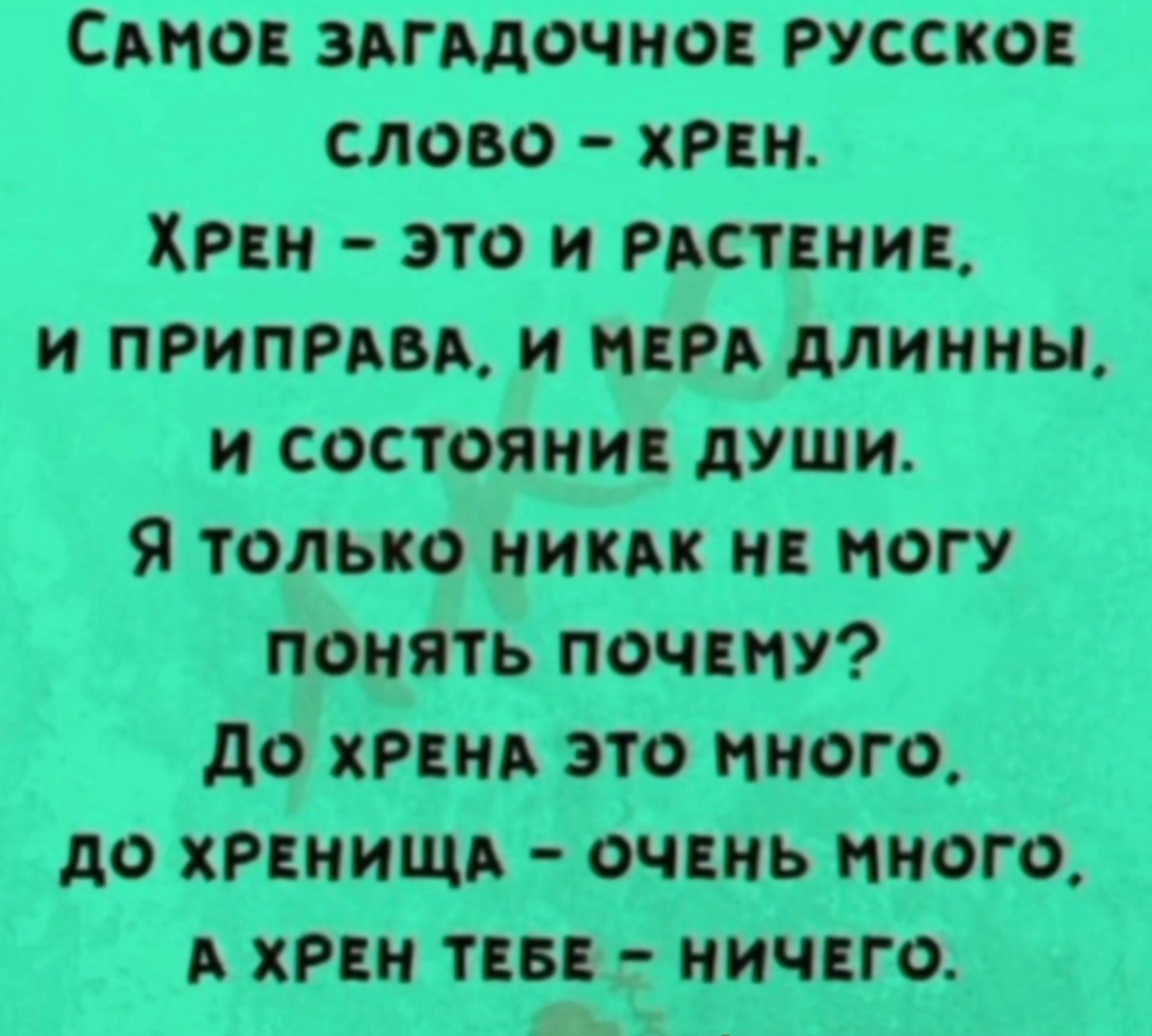 Самое загадочное русское слово – хрен.
Хрен – это и растение,
и приправа, и мера длины,
и состояние души.
Я только никак не могу
понять почему?
До хрена это много,
до хренища – очень много,
а хрен тебе – ничего.