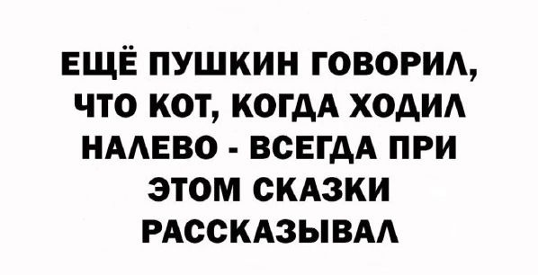 ЕЩЁ ПУШКИН ГОВОРИЛ, ЧТО КОТ, КОГДА ХОДИЛ НАЛЕВО - ВСЕГДА ПРИ ЭТОМ СКАЗКИ РАССКАЗЫВАЛ