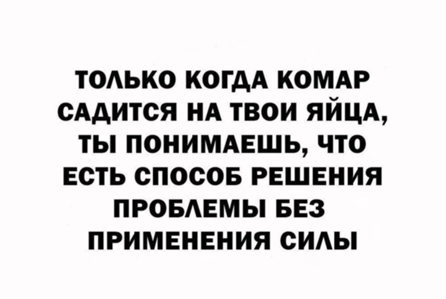 ТОЛЬКО КОГДА КОМАР САДИТСЯ НА ТВОИ ЯЙЦА, ТЫ ПОНИМАЕШЬ, ЧТО ЕСТЬ СПОСОБ РЕШЕНИЯ ПРОБЛЕМЫ БЕЗ ПРИМЕНЕНИЯ СИЛЫ